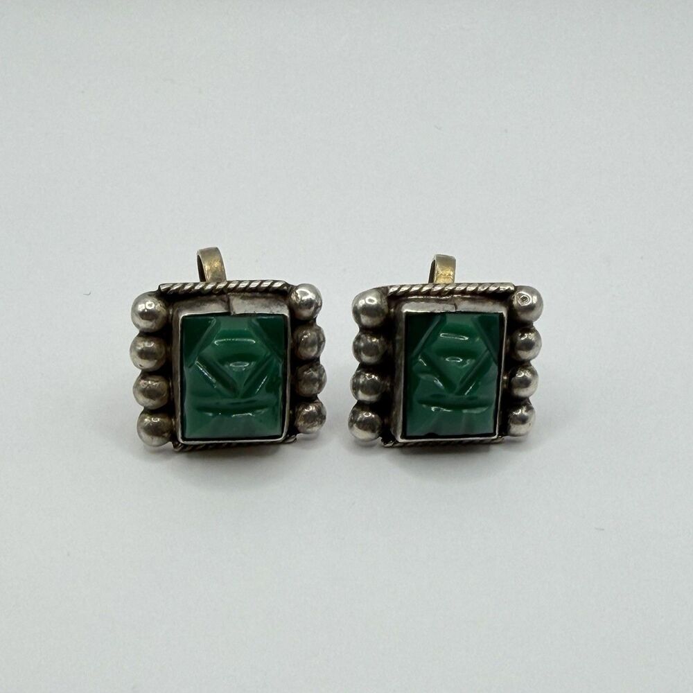 925 Sterling Silver Green Malachite Scarab Cufflinks Egyptian Revival 9.2g
